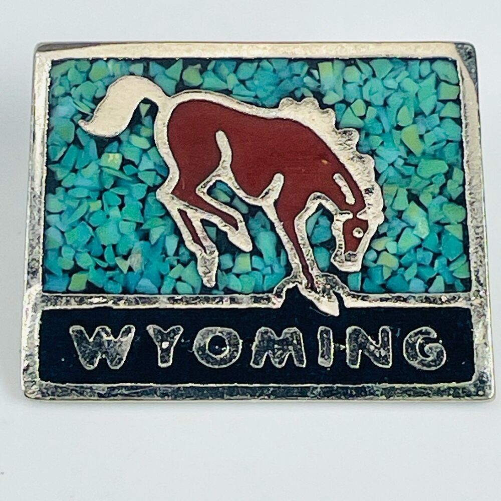 Wyoming Bucking Horse Lapel Pin Crushed Turquoise Inlay Rectangular Blue Used
